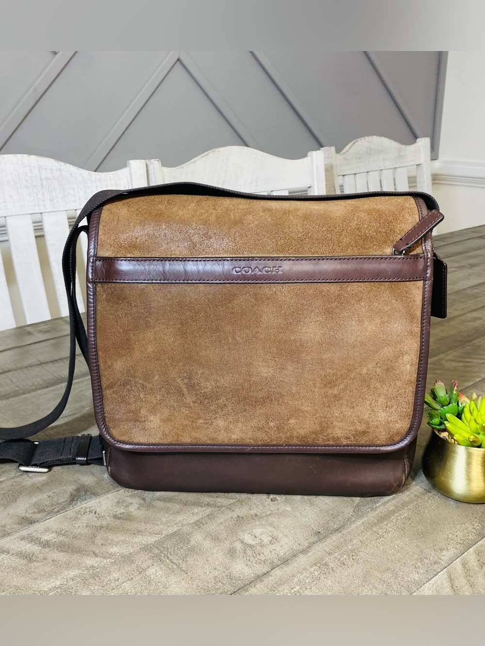 COACH Camden Brown Suede & Leather Messenger Bag Flap Satchel